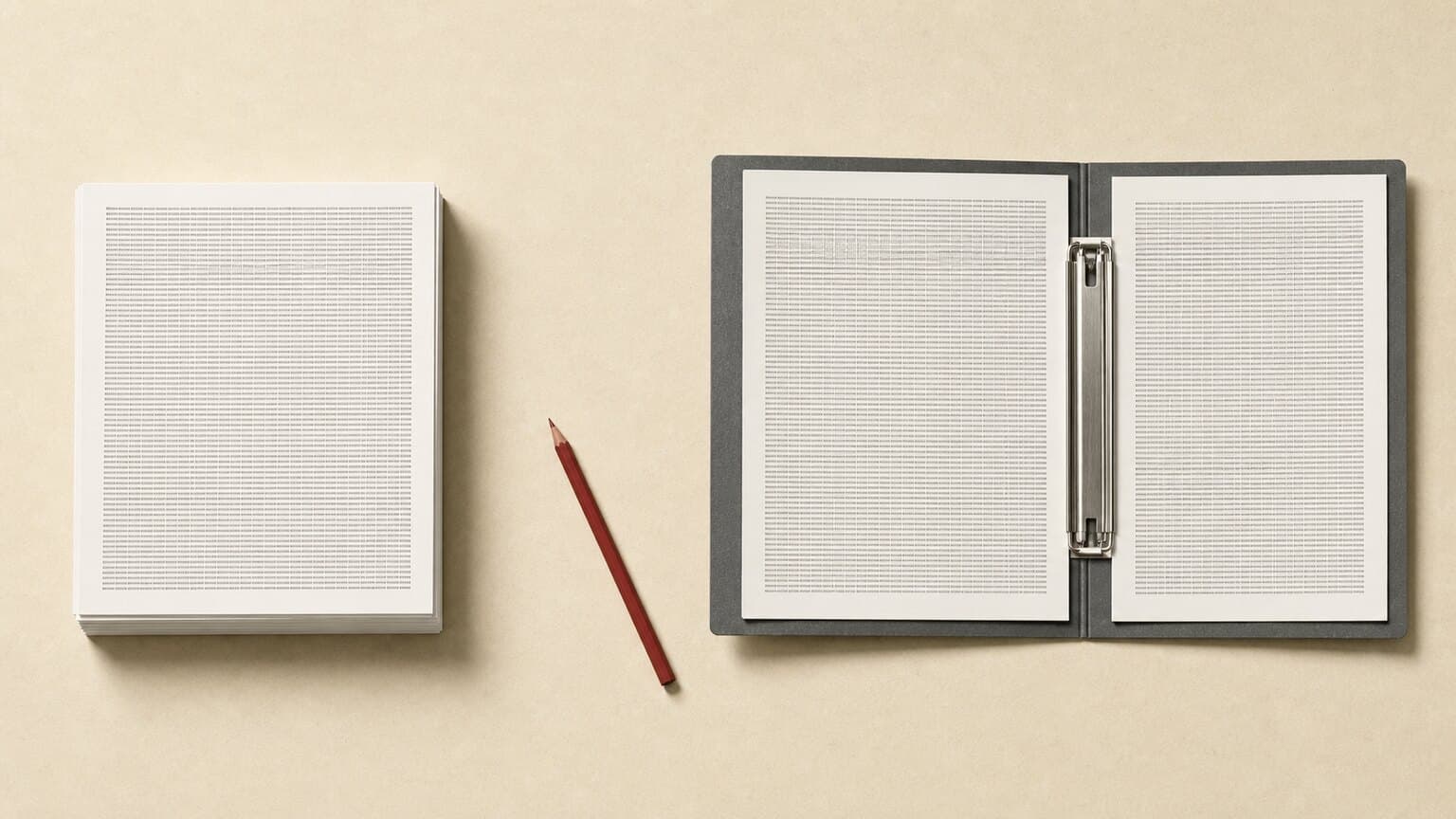 A working desk photographed from above: one neat stack of printed sheets, an open spring-clip binder, and a single red pencil resting at an angle.