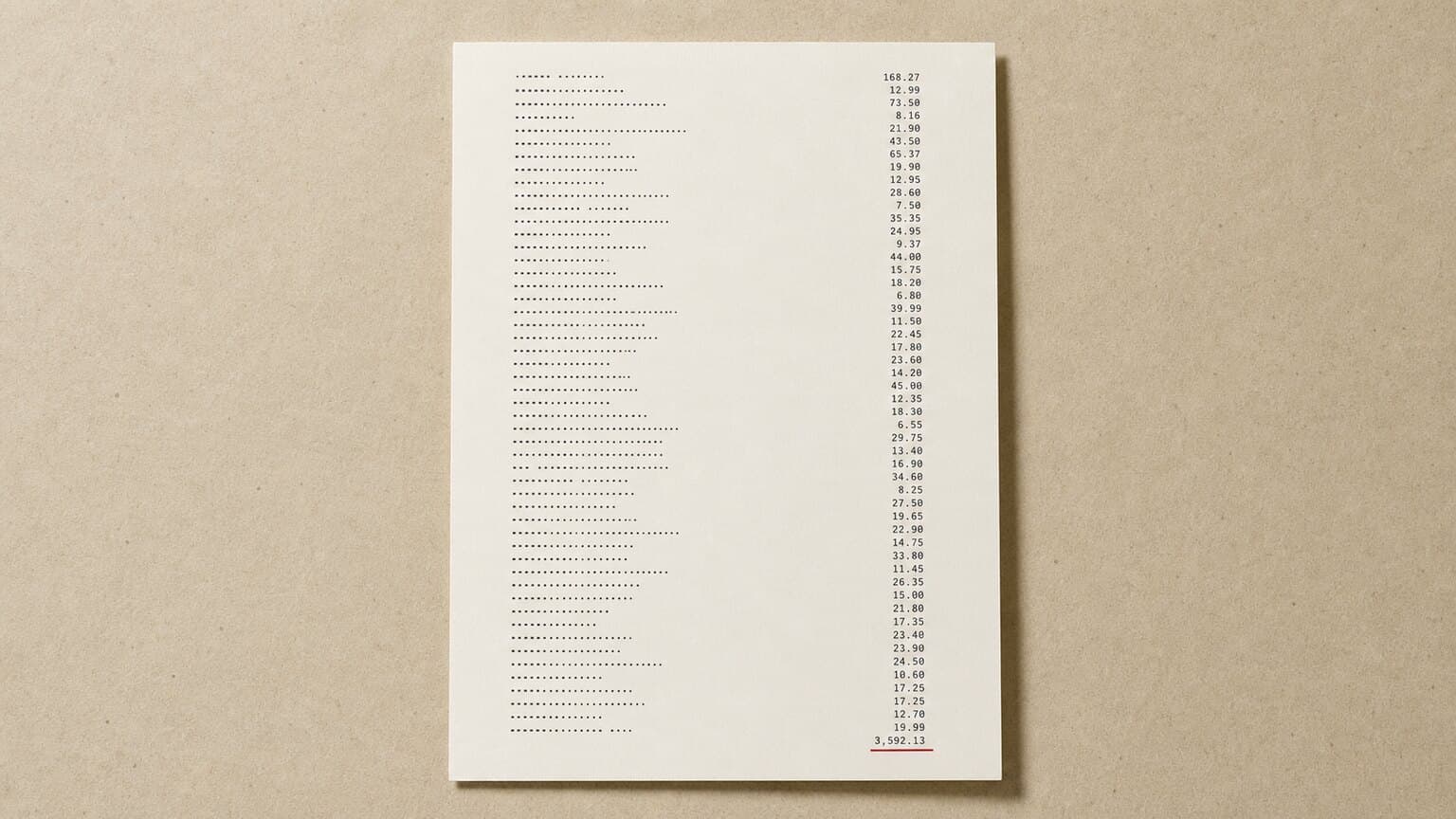 A printed monthly cost breakdown for an AI system, with the human review line circled in pencil next to a calculator.