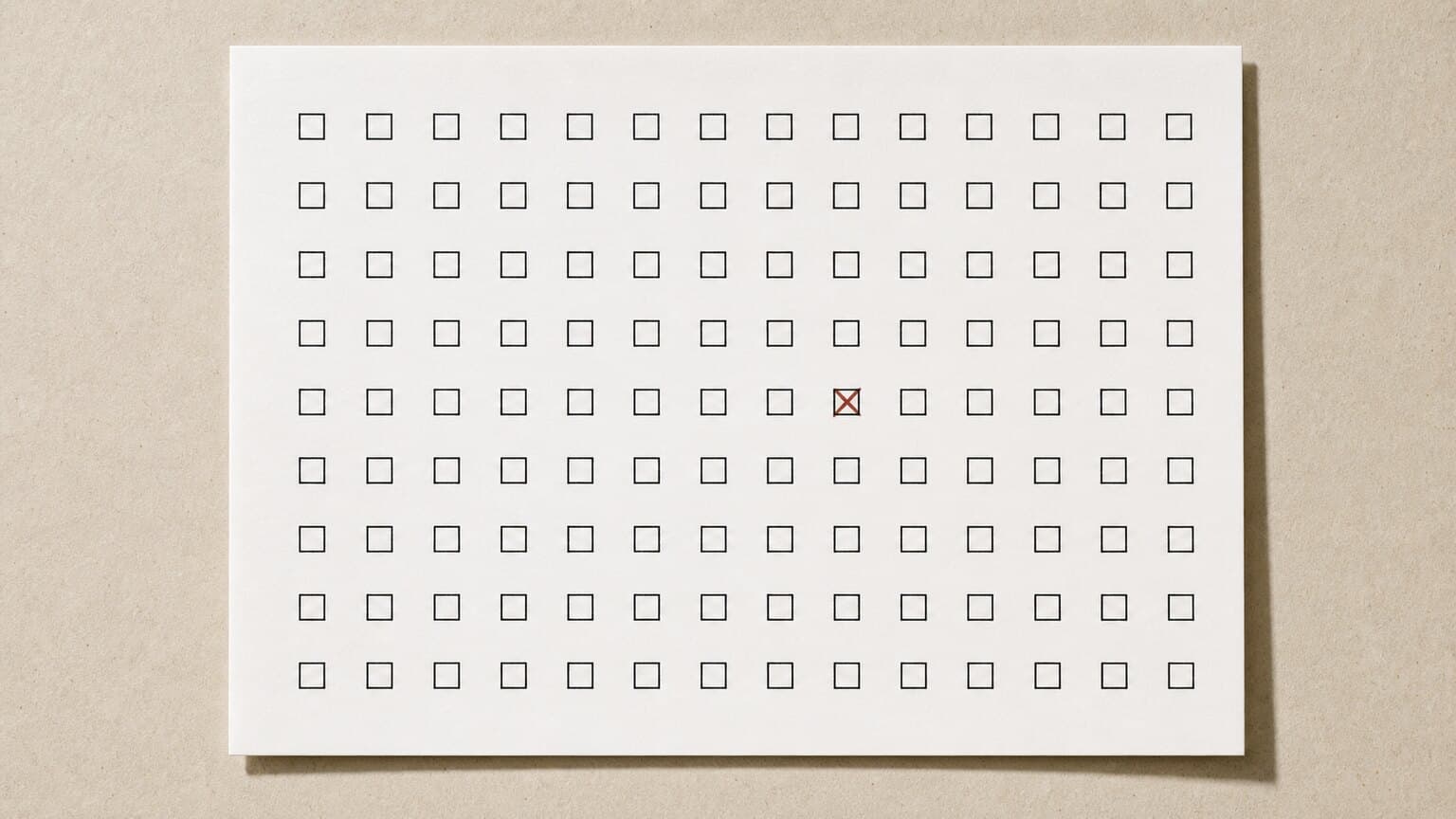 A test plan on paper: a column of questions, the known-correct answer beside each one, and pass or fail marks down the right-hand edge with one row flagged.