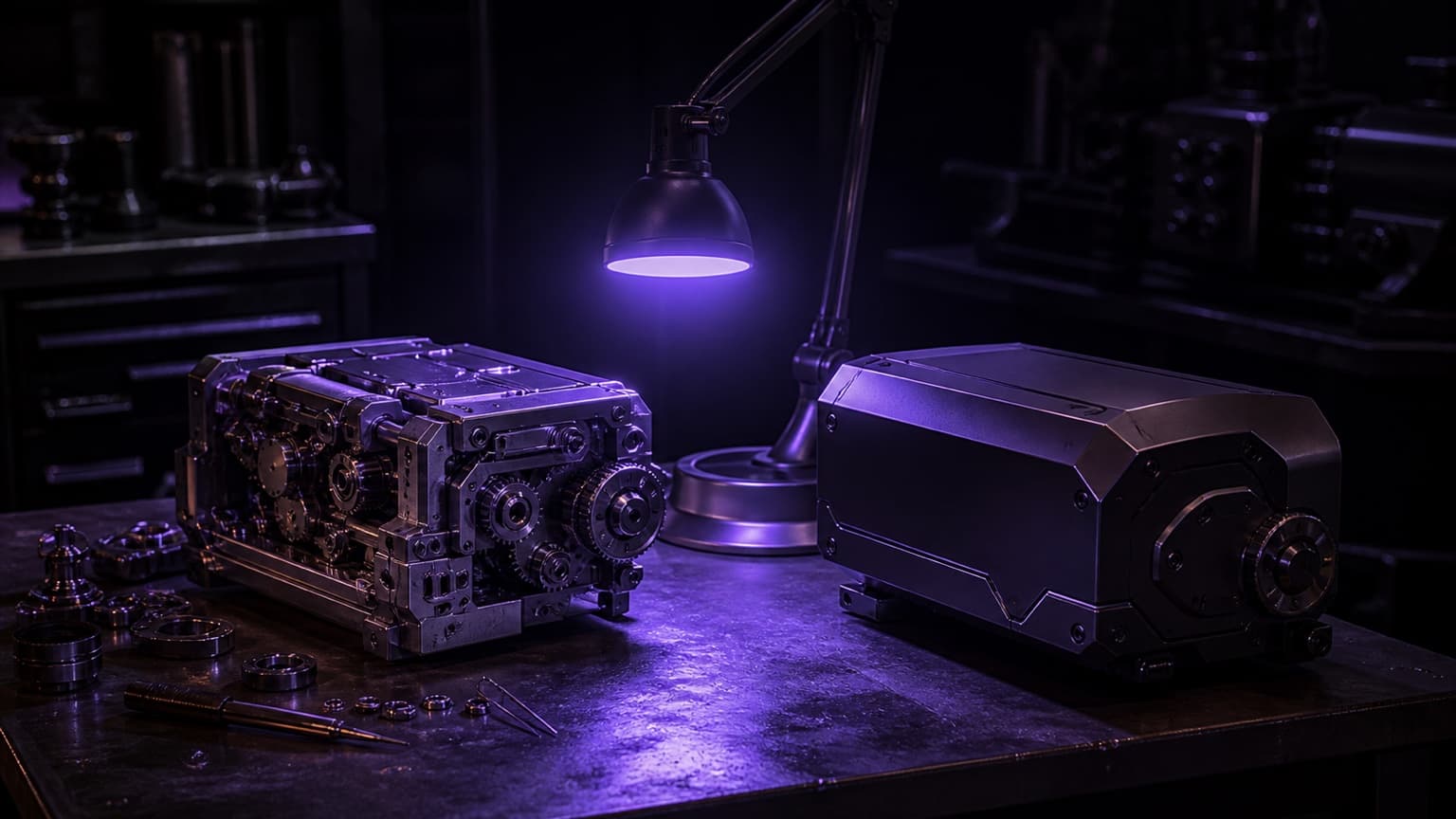 A machinist's bench under a violet work lamp: on the left a device partly assembled with its gear train exposed and tools beside it, on the right the same device finished in a sealed dark housing.