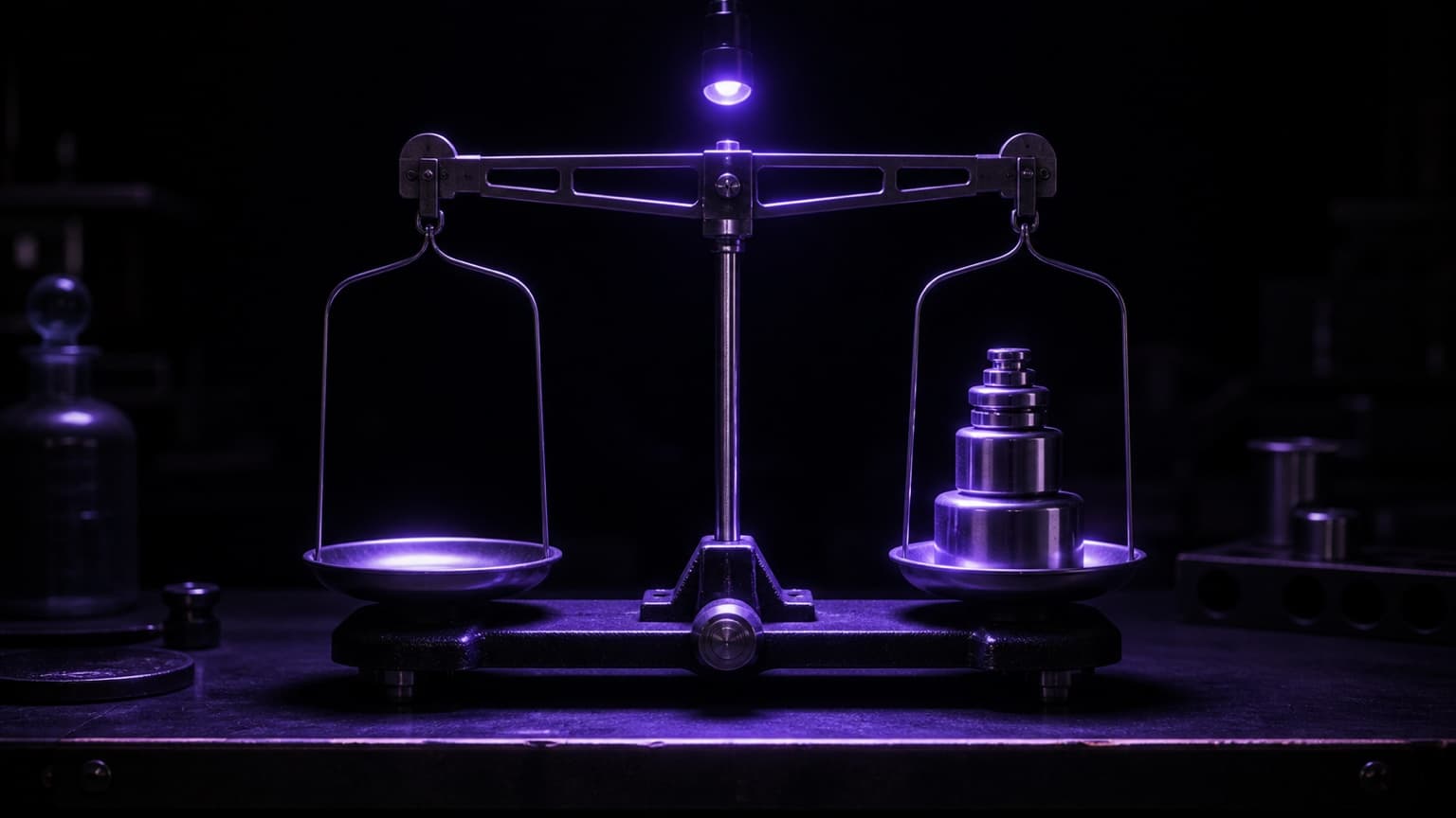 A two-pan laboratory balance on a dark bench, a stack of machined calibration weights on the right pan and the left pan empty, a single violet lamp above the beam lighting the pointer.