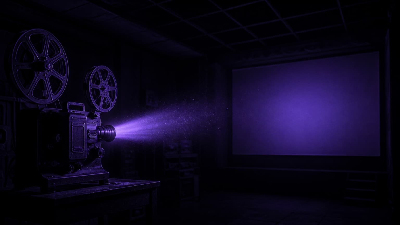 A vintage film projector on a table in a dark room, rim-lit violet, projecting a bright beam through drifting dust onto a screen that shows nothing but an empty violet rectangle.