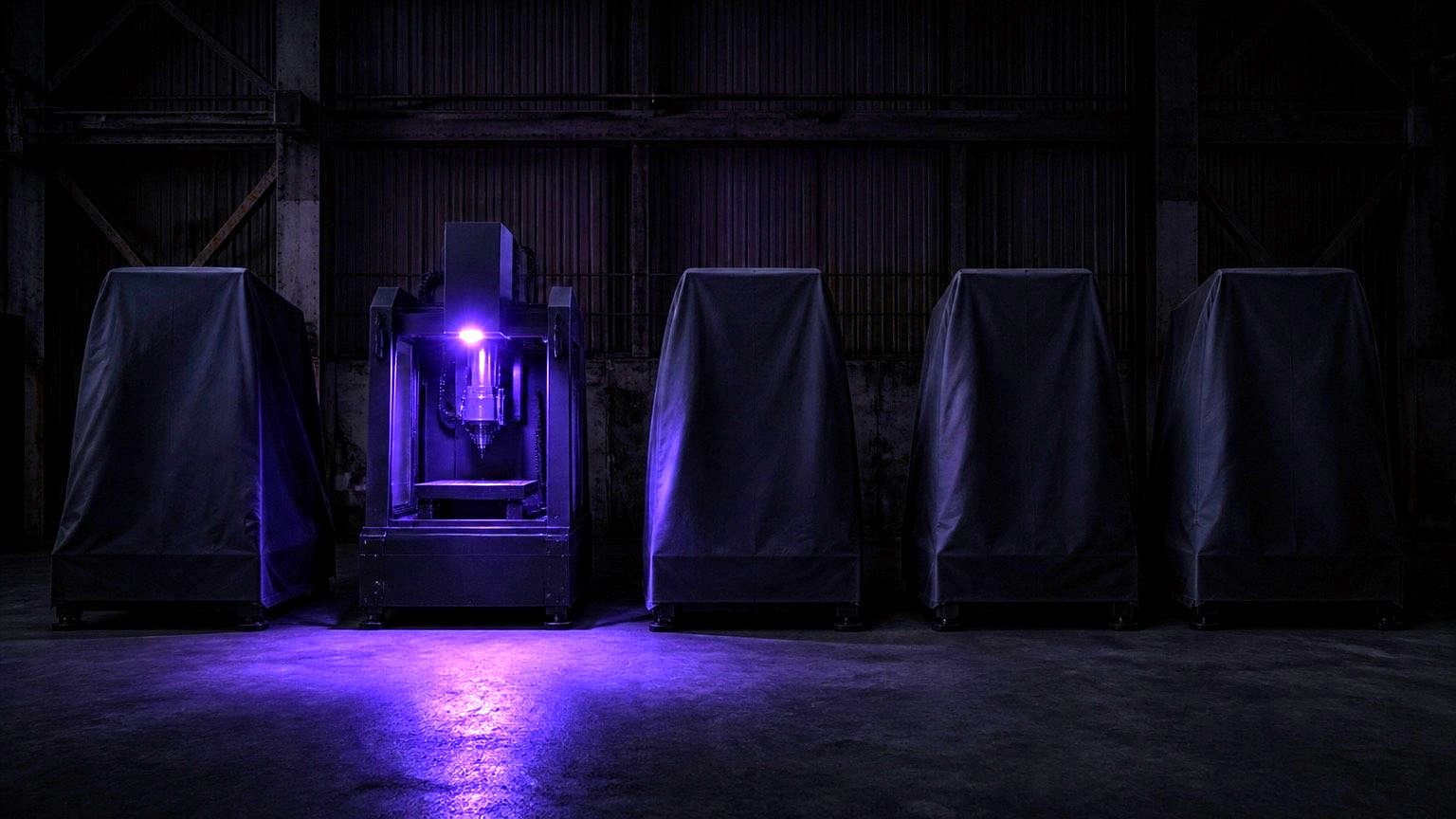 Five identical machines in a row on a dark workshop floor, four under fitted dust covers. The second is uncovered and running, its violet spindle light pooling on the concrete around it.