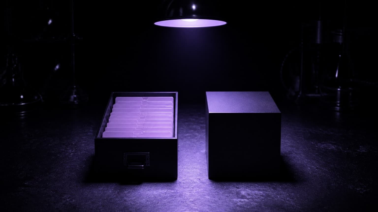 Two objects under one violet pendant lamp on a dark bench: an open card-index drawer full of tabbed file cards beside a sealed matte black cube of the same size.