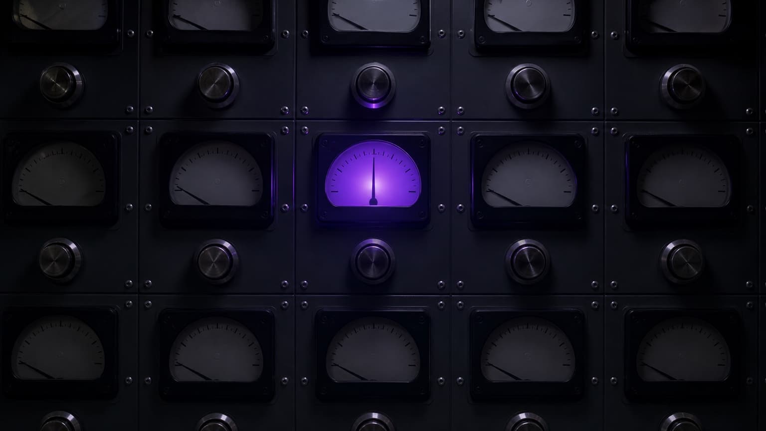 A dark wall of identical analog panel meters, needles at rest. One meter in the middle row glows violet from within, its needle mid-scale, the light rimming the neighbouring bezels.