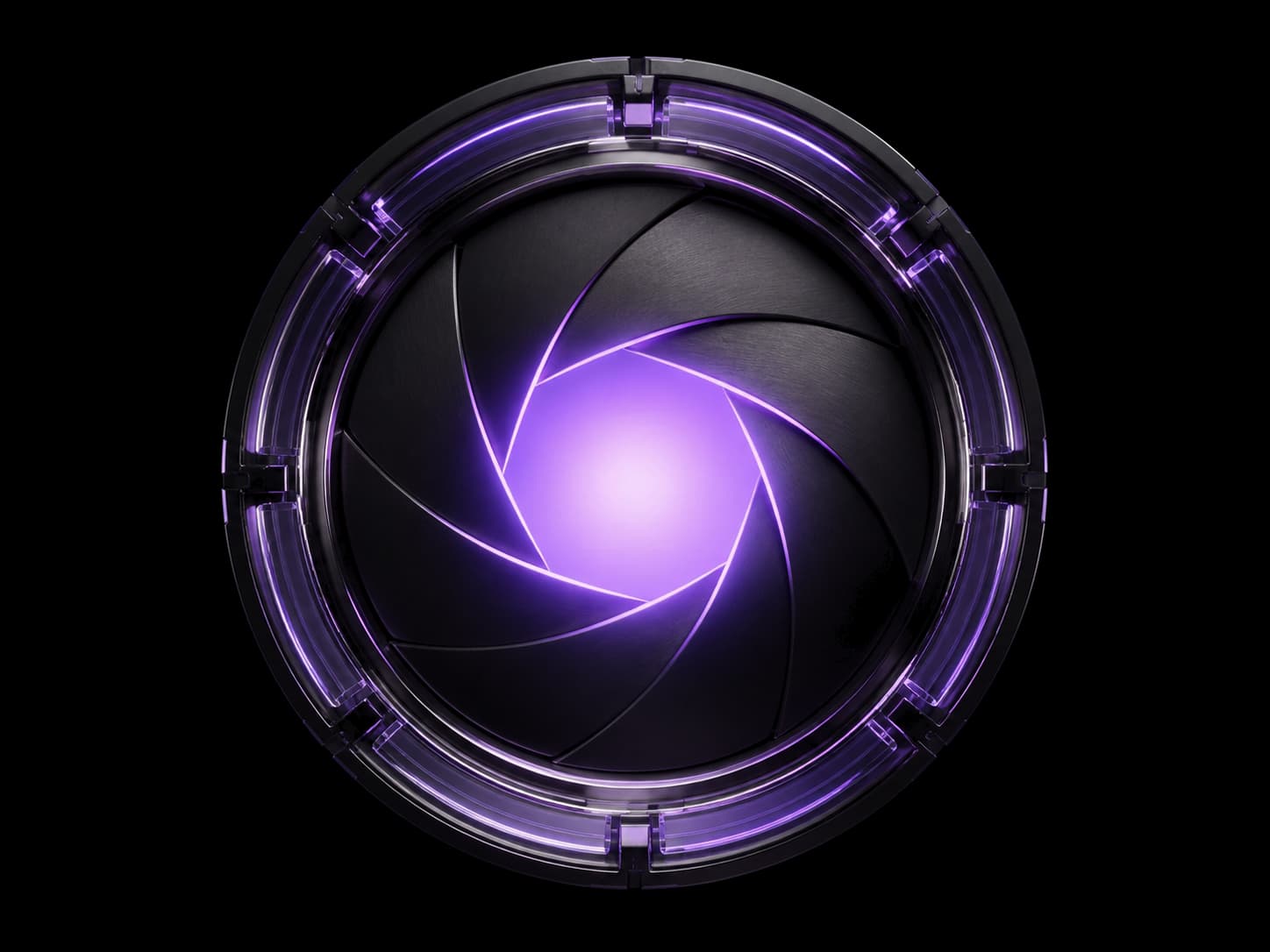 A circular iris of eight dark blades spiralling inward around a small opening, seen straight on, with violet light glowing out through the opening and catching the leading edge of every blade.