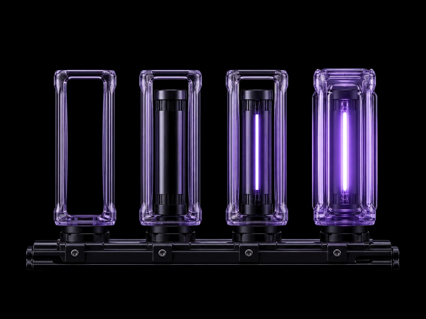 Four glass modules standing on a dark machined rail, each further along than the last: the first an empty frame, the second holding an unlit core, the third with its violet filament lit, the fourth sealed and burning brightest.