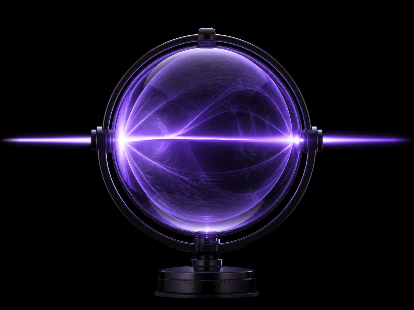 A large violet glass sphere held in a dark gimbal ring on a knurled base. One beam of light enters from the left, fans into refracted rays inside the sphere, and leaves to the right as a single focused line.