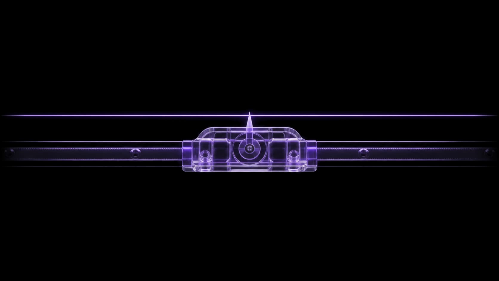 A precision rail crossing the frame with a clear glass carriage on it, a thin bright violet reference line stretched edge to edge above, and the carriage's needle rising to touch that line dead centre.