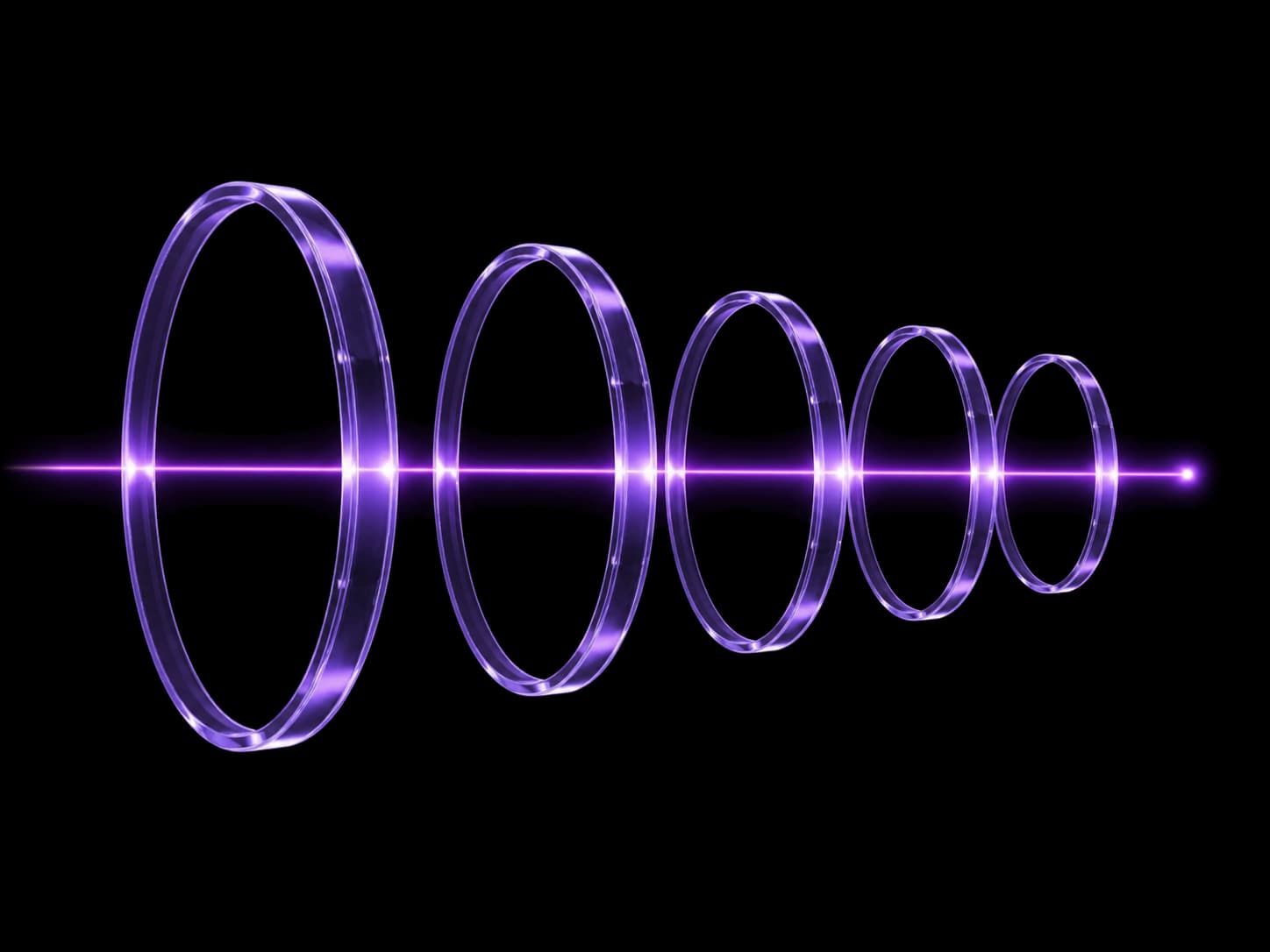 Five glass rings in a row, receding and shrinking to the right, one violet beam passing through every center, flaring brighter at each ring and ending in a small point of light.