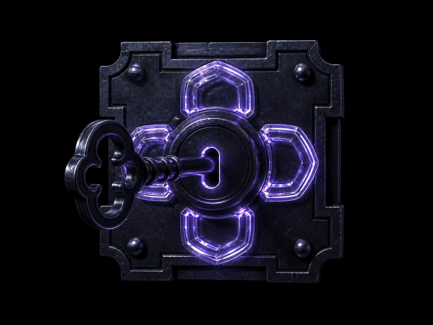A heavy dark lock plate seen straight on, violet light tracing the raised outline across its face, with a key seated in the central keyhole and turned to the open position.
