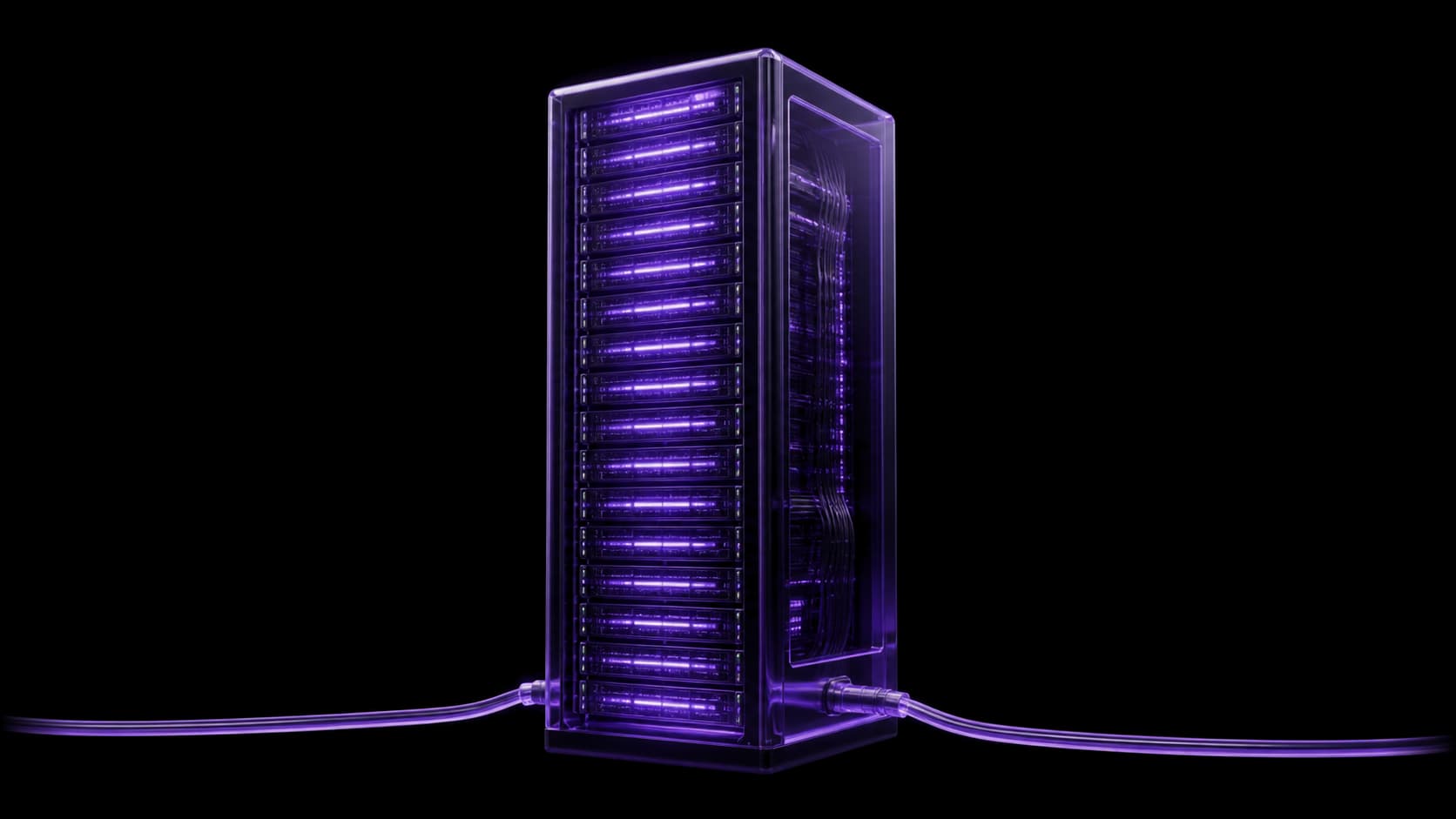 A translucent violet glass tower cabinet at a three-quarter angle, packed with stacked slot modules each glowing from inside, one lit cable leaving each side of its base and running off the frame.