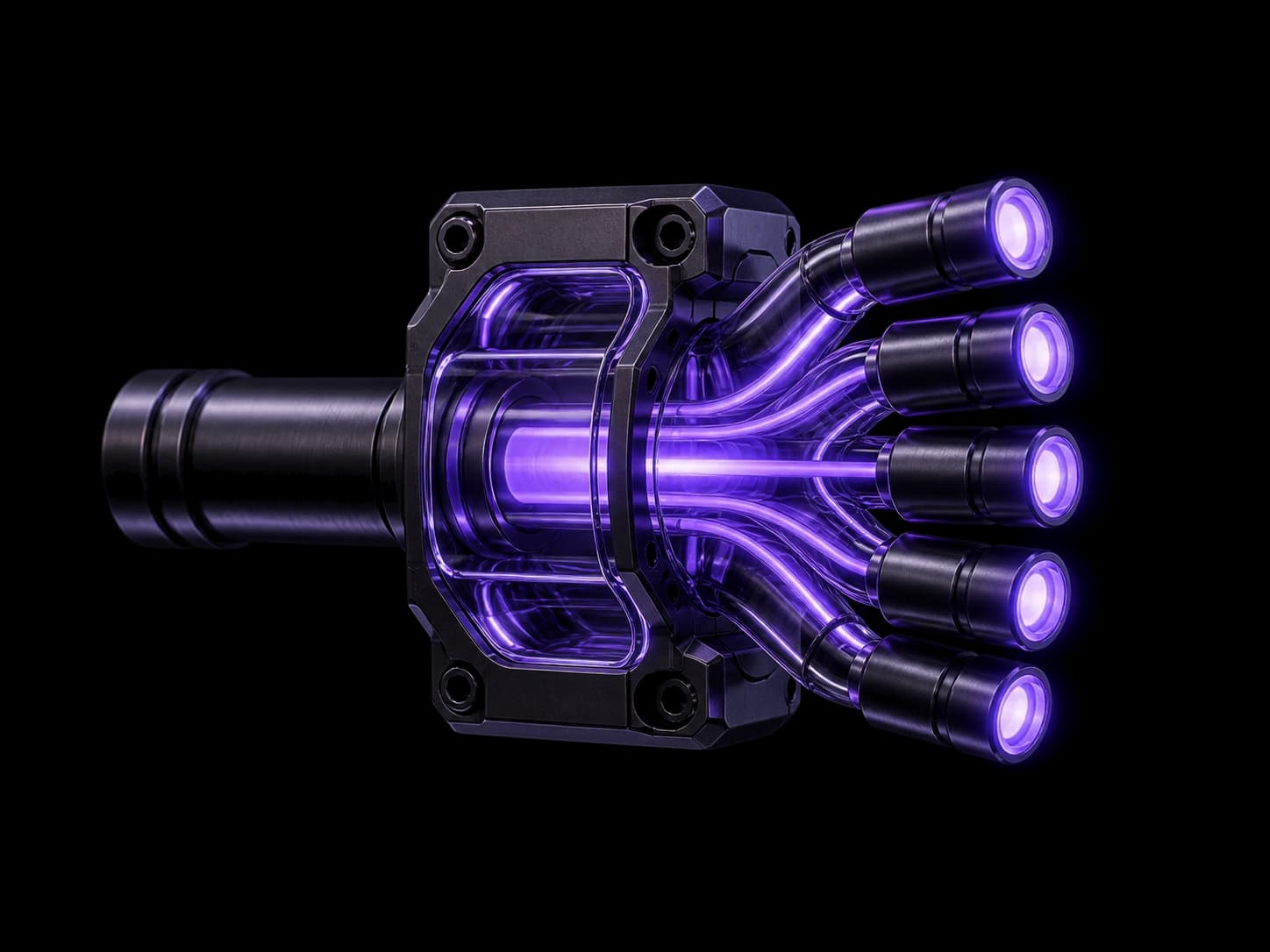 A dark cylindrical body with one thick pipe entering from the left and five smaller outlets fanning out to the right, each outlet glowing violet at its mouth.