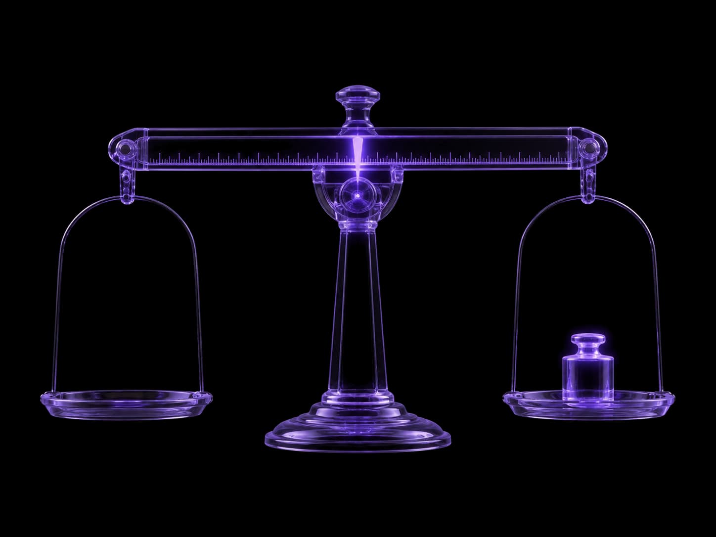 A violet glass beam balance seen head on, its arm engraved with a fine ruler scale and a bright needle at the centre pivot. One pan is empty; the other holds a single calibration weight, and the beam is level.