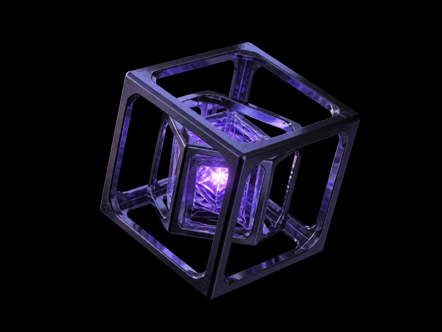 Three open wireframe cubes nested one inside the next at slight angles, with a small bright violet core burning inside the innermost one and its light escaping between the rods.