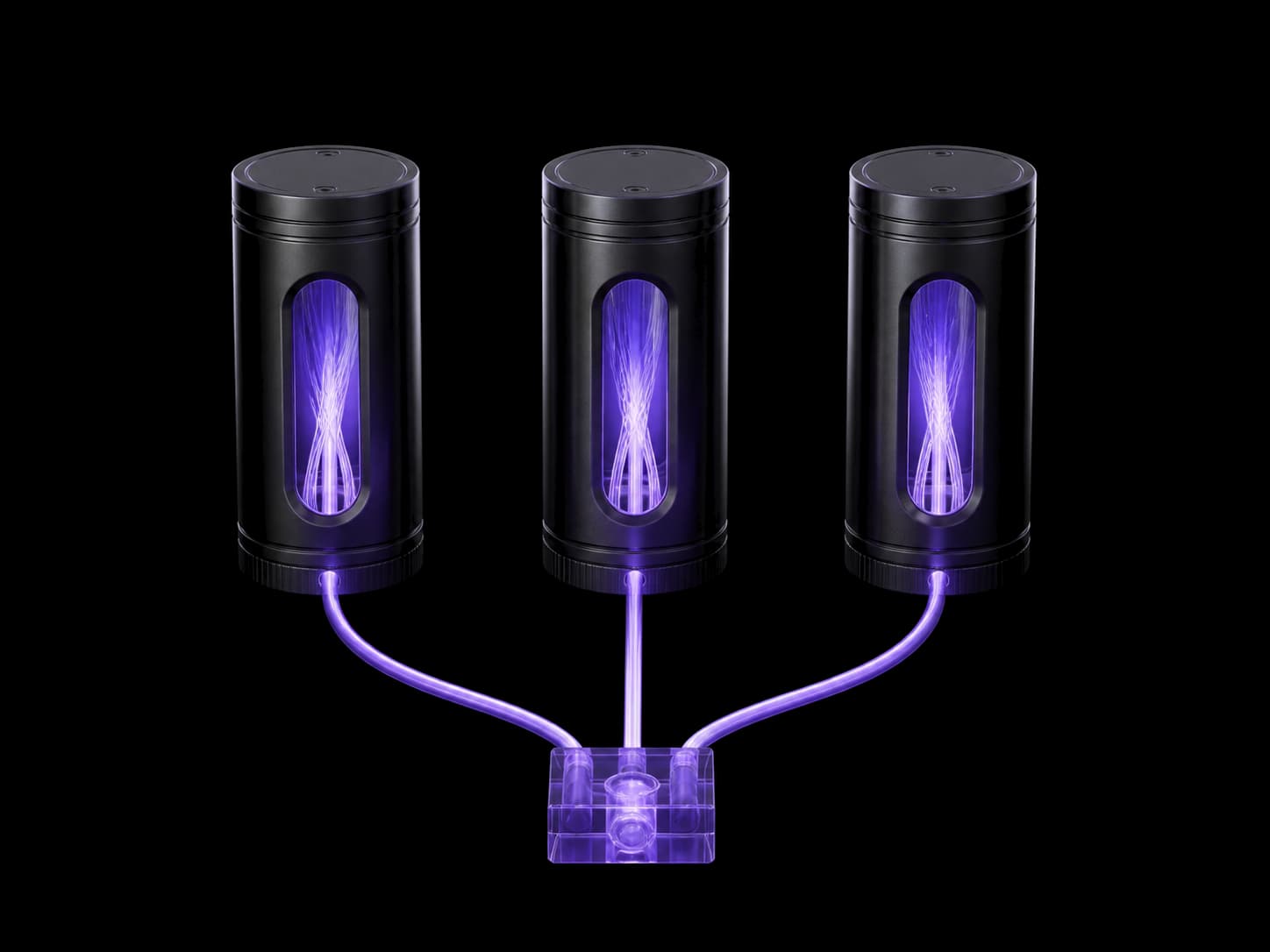 Three separate dark cylinders standing apart in a row, each with a violet-lit window in its face, and three thin threads of light running down from them into one small clear glass junction block in front.