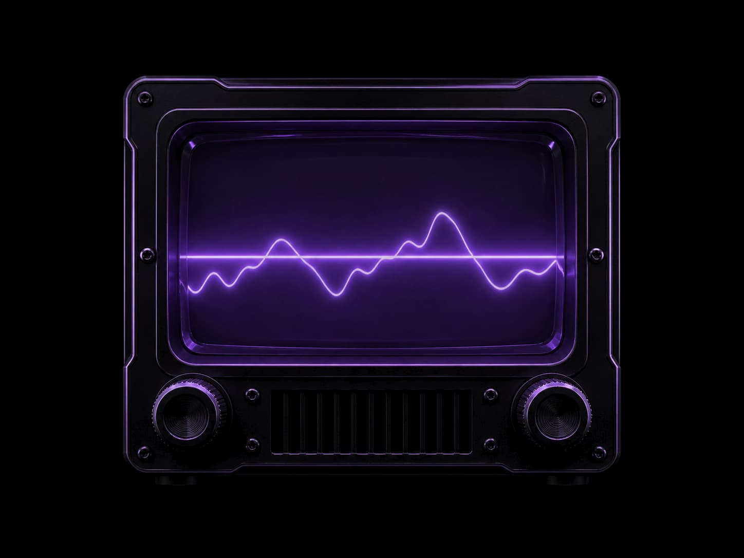 A dark oscilloscope in a machined case with two round knobs and a vent below the screen. One violet trace wanders across the screen from edge to edge.