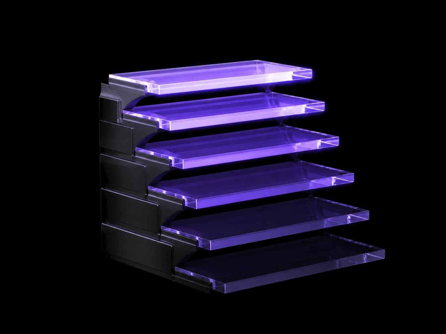 Six flat glass plates set into a dark spine as an offset staircase. The lowest is barely lit and each plate above is brighter, the top one blazing violet.