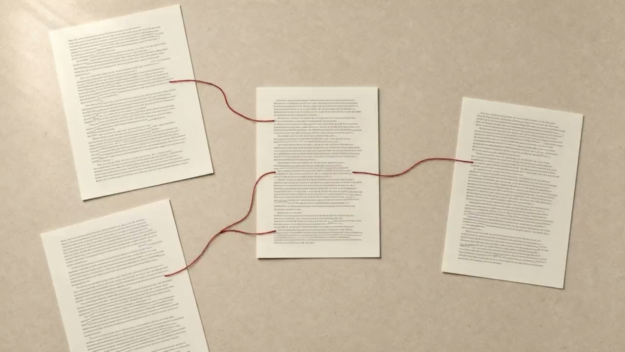 A printed answer sheet at the centre of a desk with three red threads running out from three separate lines on it to three source sheets around it.