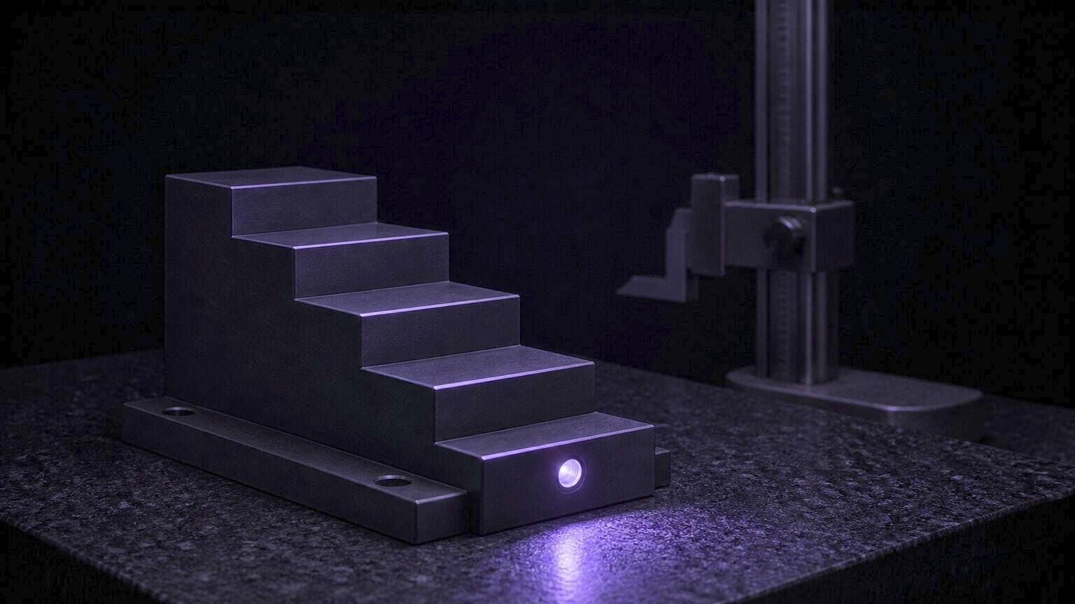 A machined step gauge of five descending steps bolted to a black granite surface plate. A small violet indicator lamp in the lowest step is the only light, edging each step and pooling on the granite.