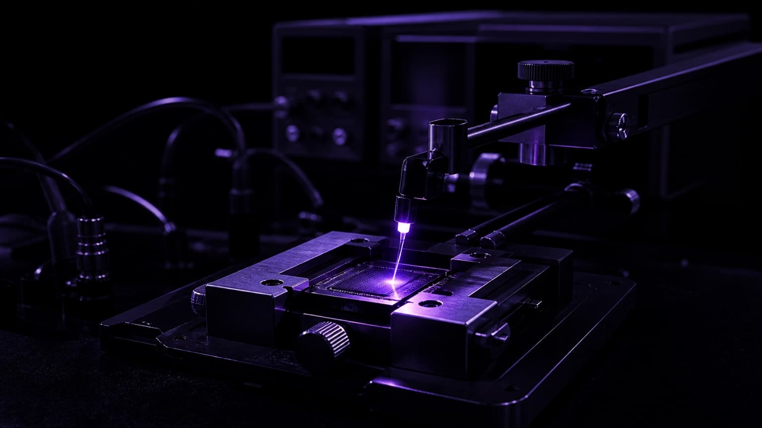 A dark electronics test bench with a device clamped in a fixture. A fine probe arm touches one contact point, a violet glow at the probe tip lighting the contact and rimming the instruments behind.