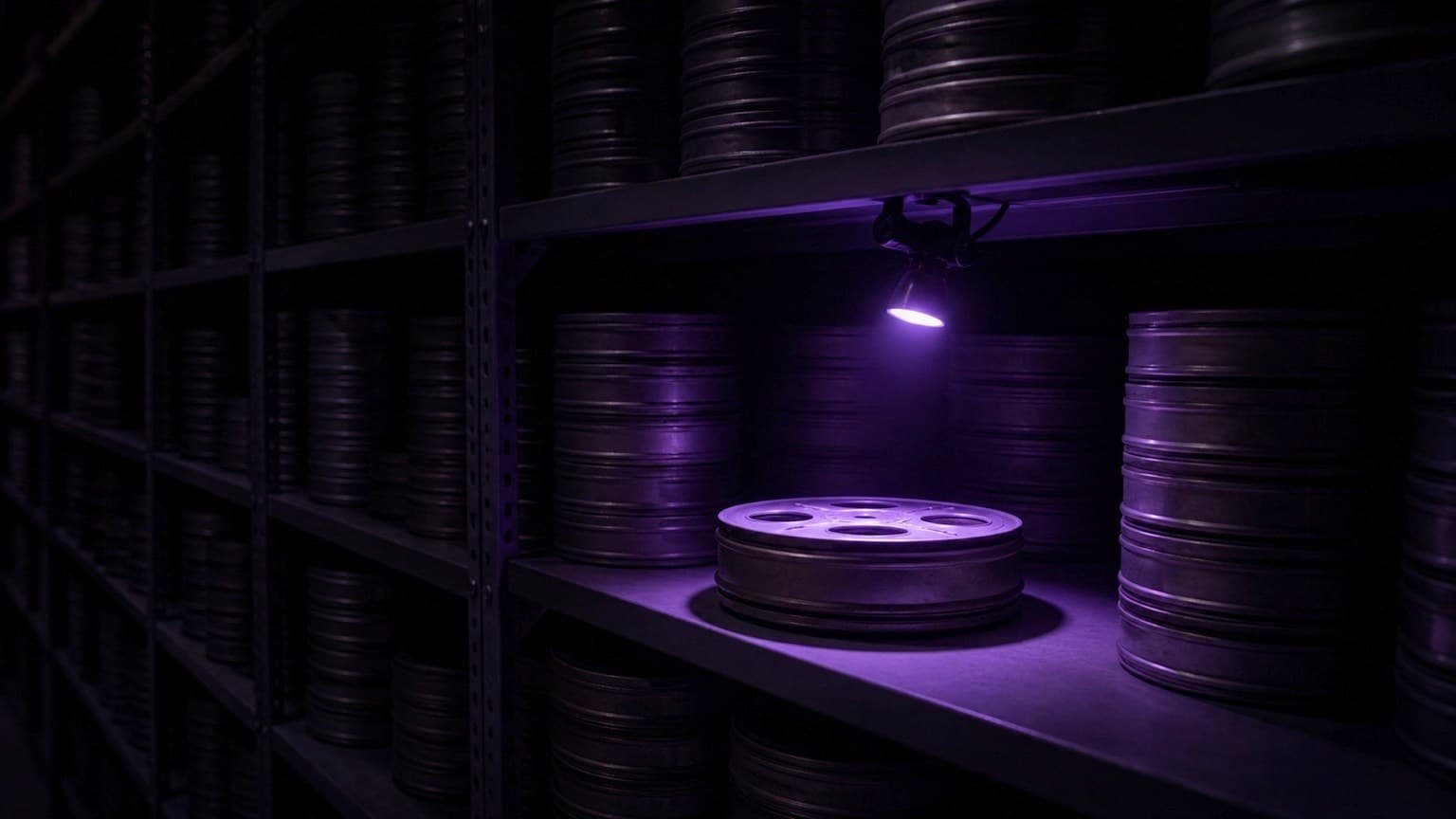 Dark shelves of unlabeled archive canisters receding into shadow. On the middle shelf one open reel sits in a pool of violet light from a small inspection lamp clipped above it.
