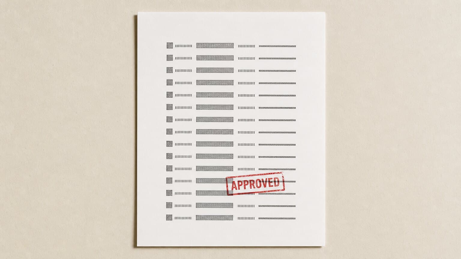 A printed workflow sheet photographed from above, a column of identical rows, with a single red rubber-stamp impression landing on exactly one of them.