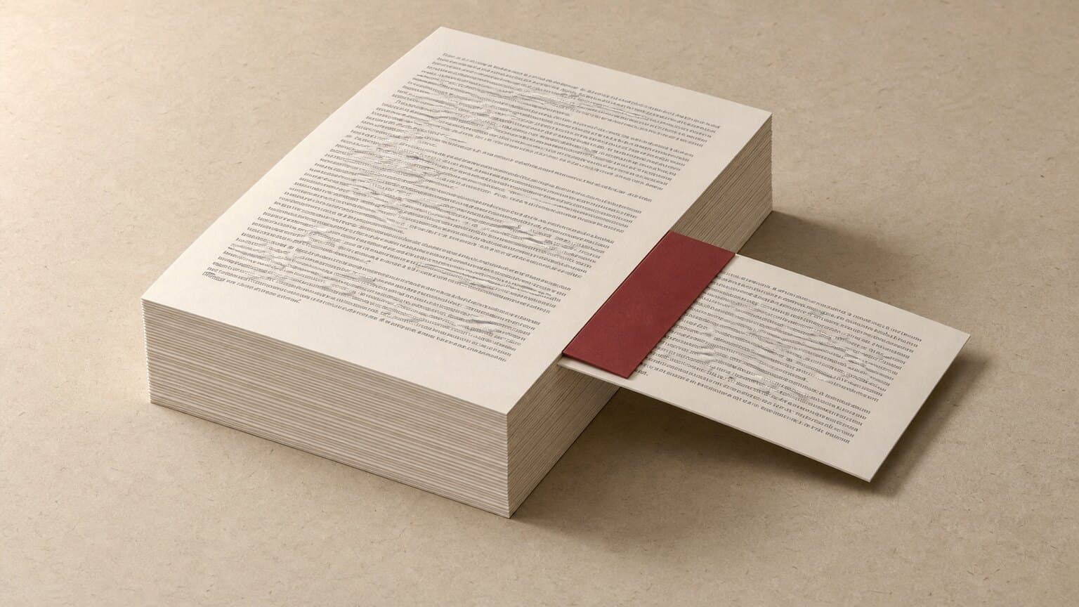 A stack of printed sheets with one sheet pulled halfway out of the middle and held back by a red paper band across it.