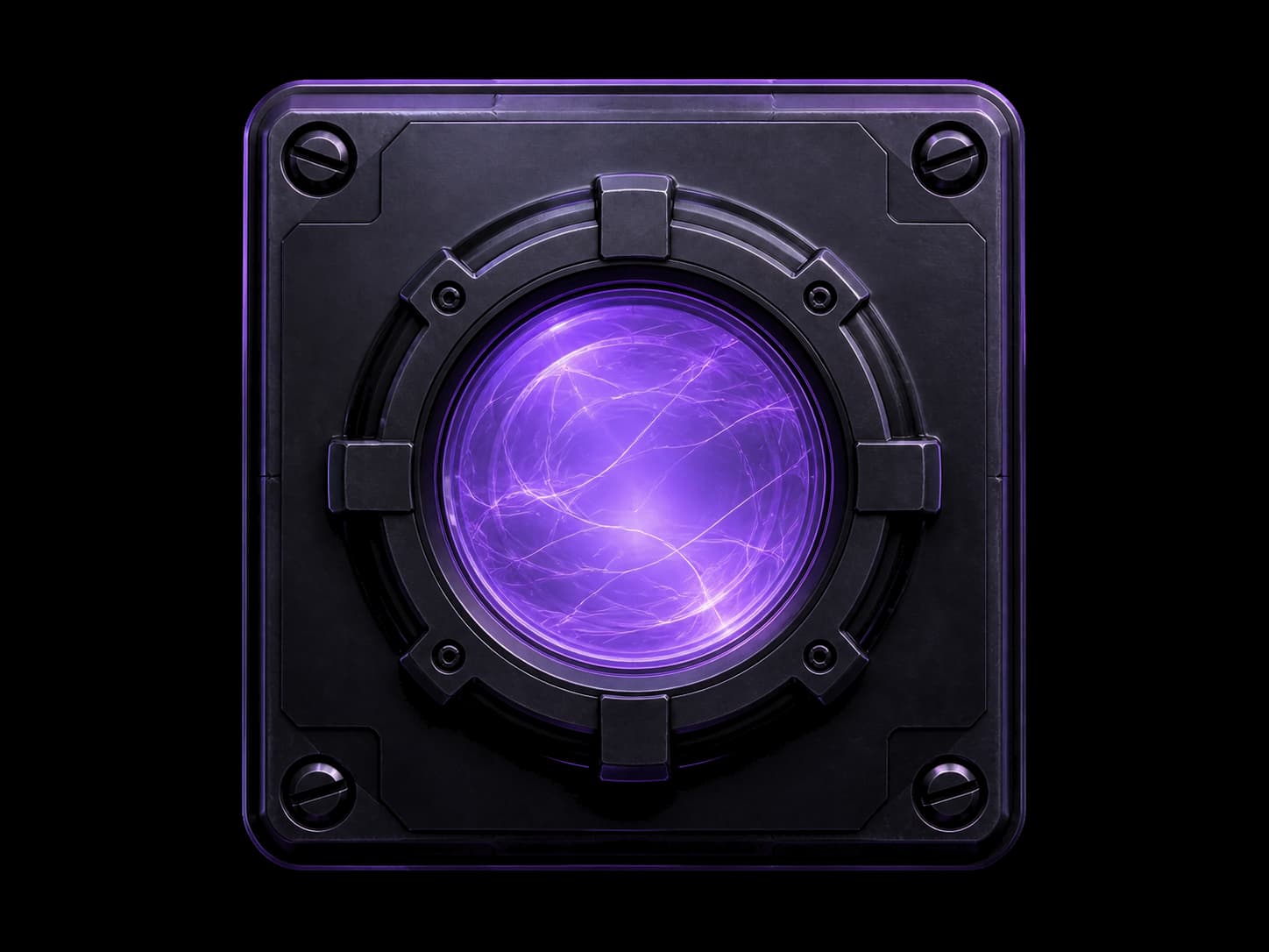 A heavy dark bulkhead panel seen straight on, with one circular port bolted into its centre, a machined collar around the opening and violet light filling the glass behind it.