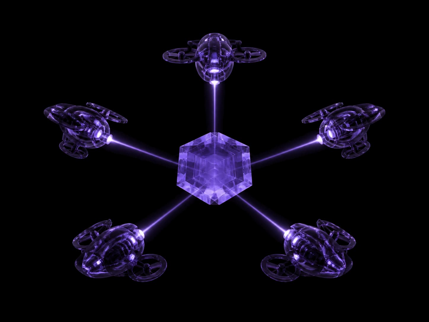 Five translucent violet quadcopters ringed around a faceted glass block at the centre, each firing one thin beam from its nose into the block so the beams form a five-spoke star.