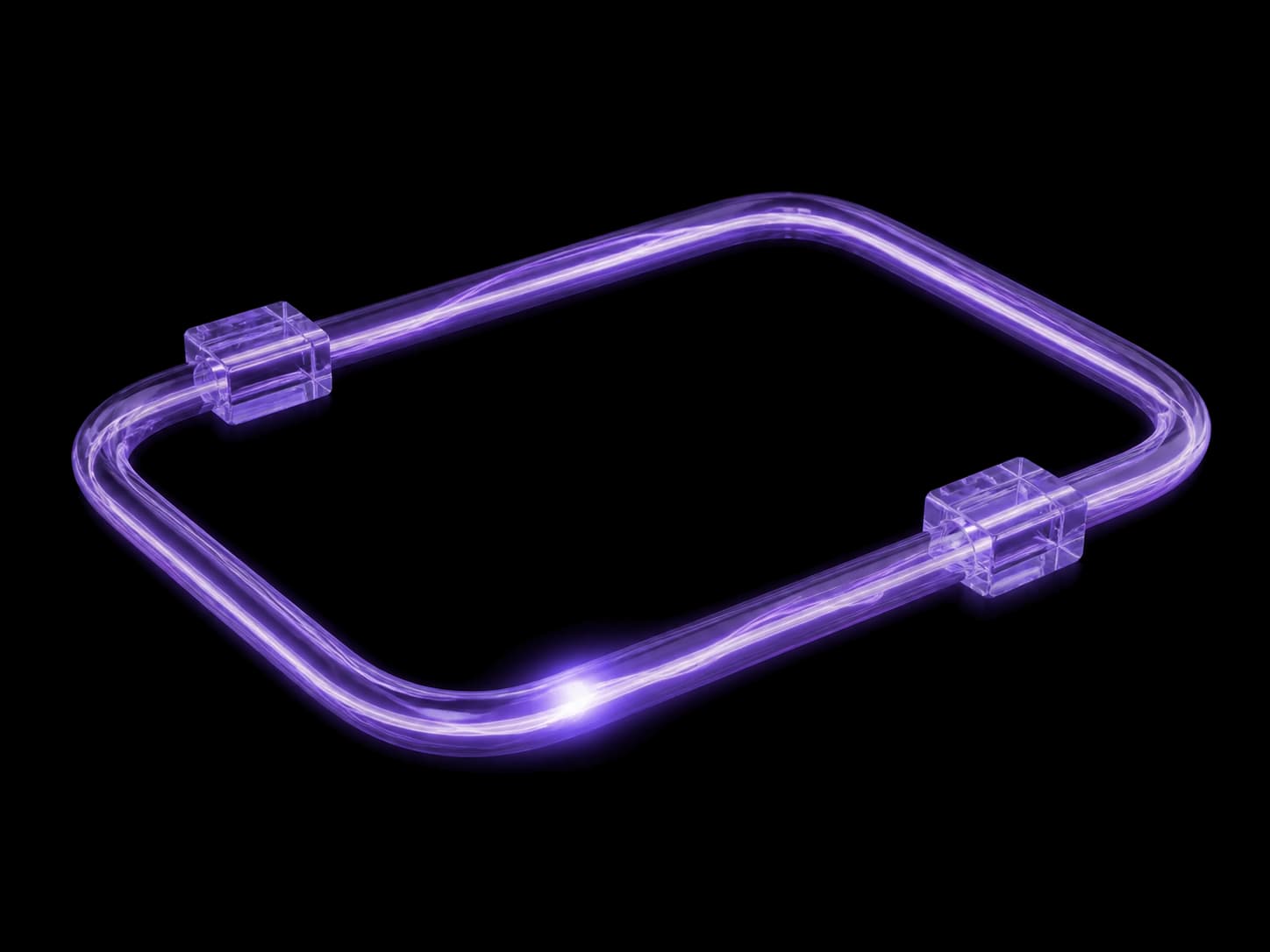 A closed rounded-rectangle loop of violet light lying at a shallow angle, a brighter pulse on its near edge, and two small clear glass blocks threaded onto the path like stations.