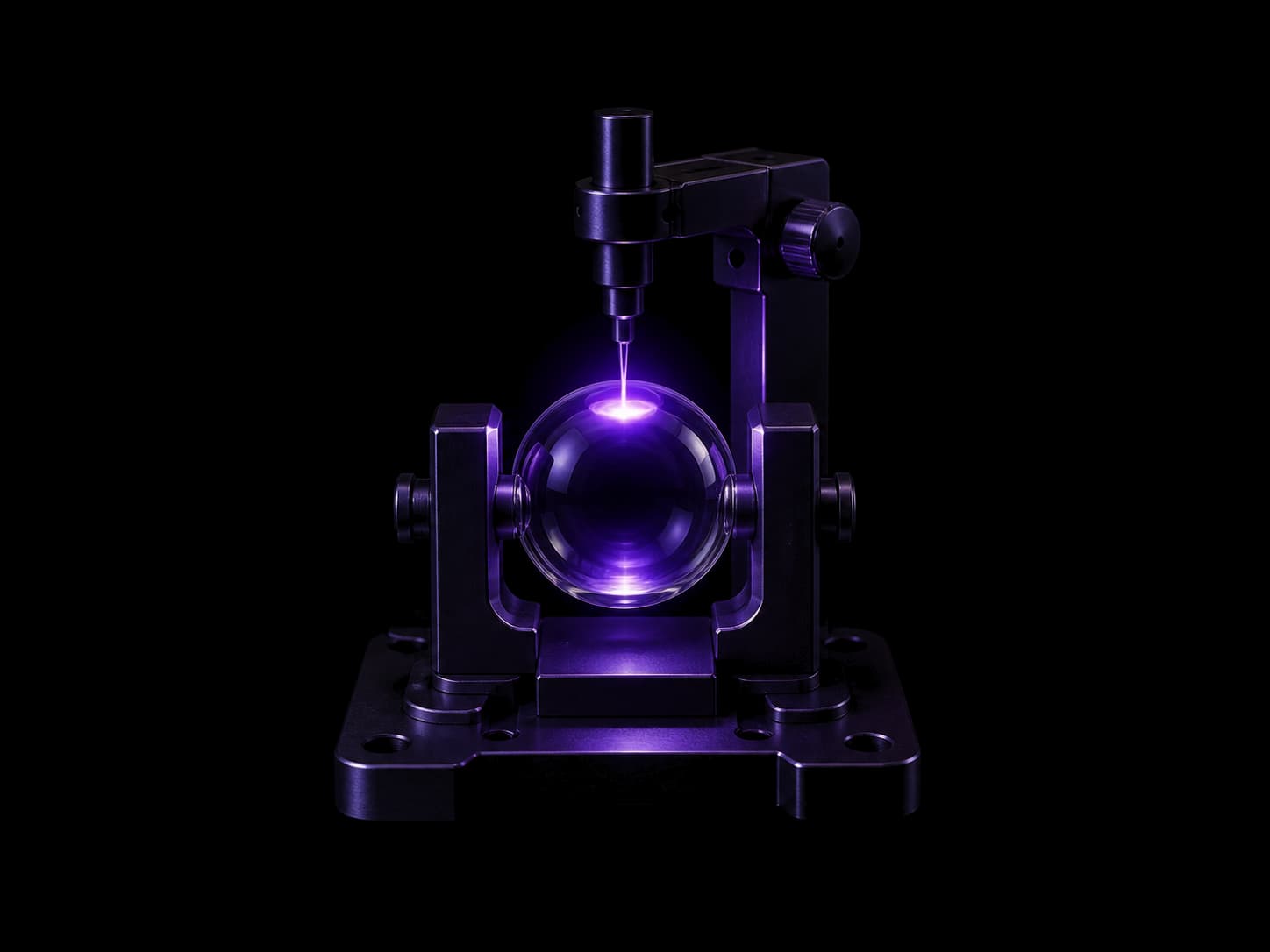 A dark machined base carrying an upright clamp that holds a violet glass sphere, with a fine probe arm touching the top of the sphere and the light concentrating at the contact point.