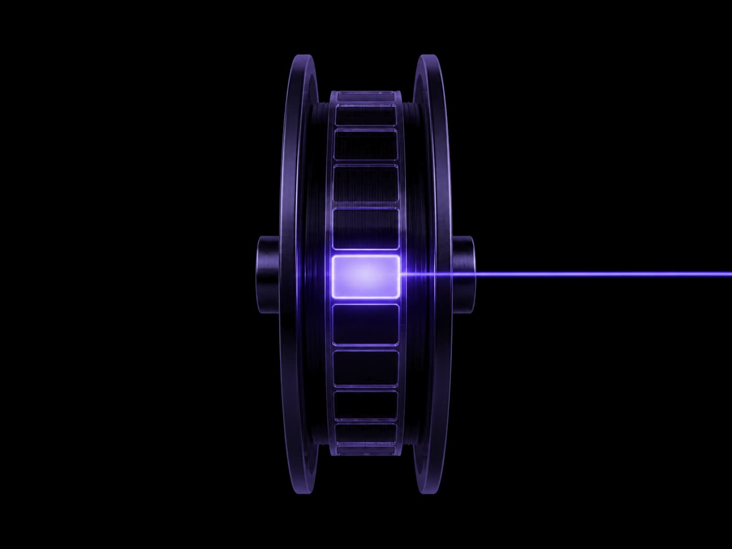 A dark machined reel seen face on, its rim cut with even slots. A single bright violet core burns at the hub and one thin thread of light leaves it to the right and runs off the frame.