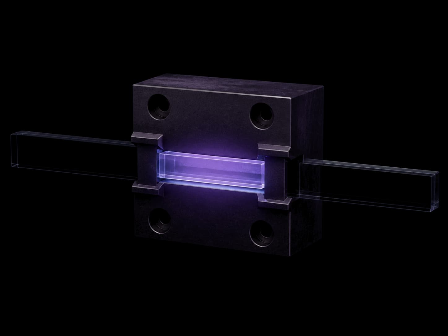 A long strip of clear glass passing horizontally straight through a heavy dark block. Only the short section inside the block glows violet; the strip is dark and unlit where it leaves on either side.