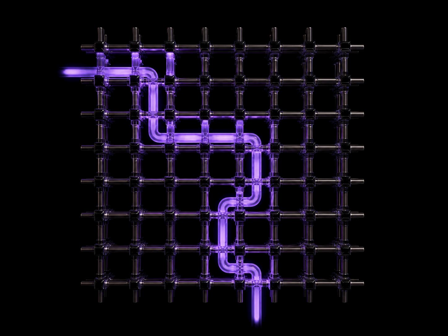 A square lattice of dark metal rods. One continuous violet-lit pipe threads through it, entering at the left edge, stepping down twice through the mesh, and leaving at the bottom.