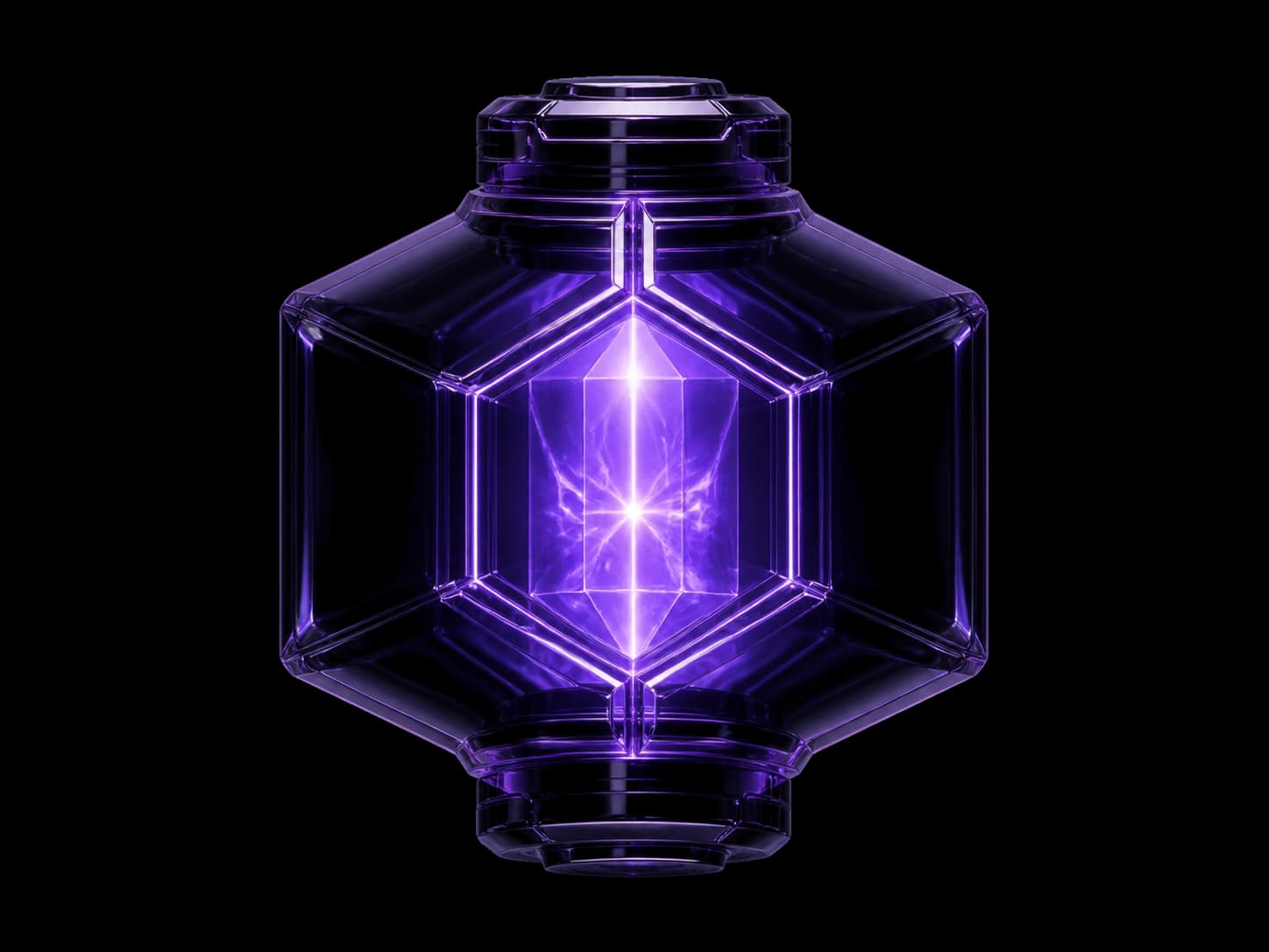 A sealed hexagonal vessel of dark violet glass with machined caps top and bottom, a bright crystalline core blazing at its center, light tracing the seams between its panels.