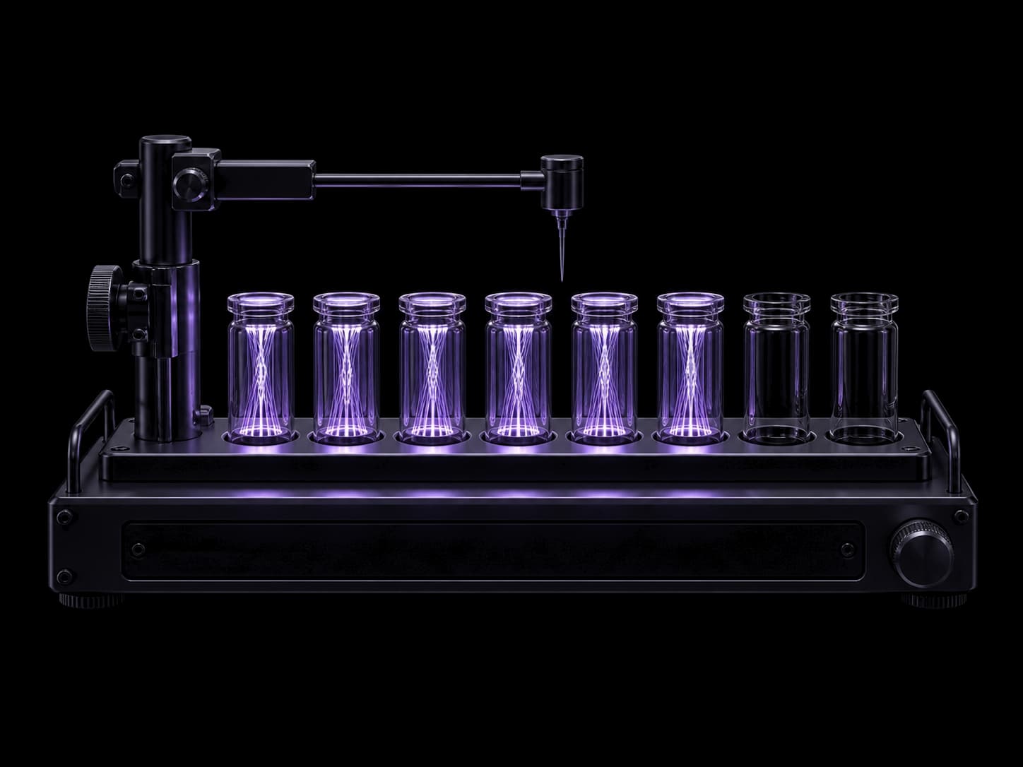 A matte black instrument deck holding a rack of eight glass vials. The left six carry bright twisted violet filaments; the right two are clear and unlit. A black probe arm reaches over the row.