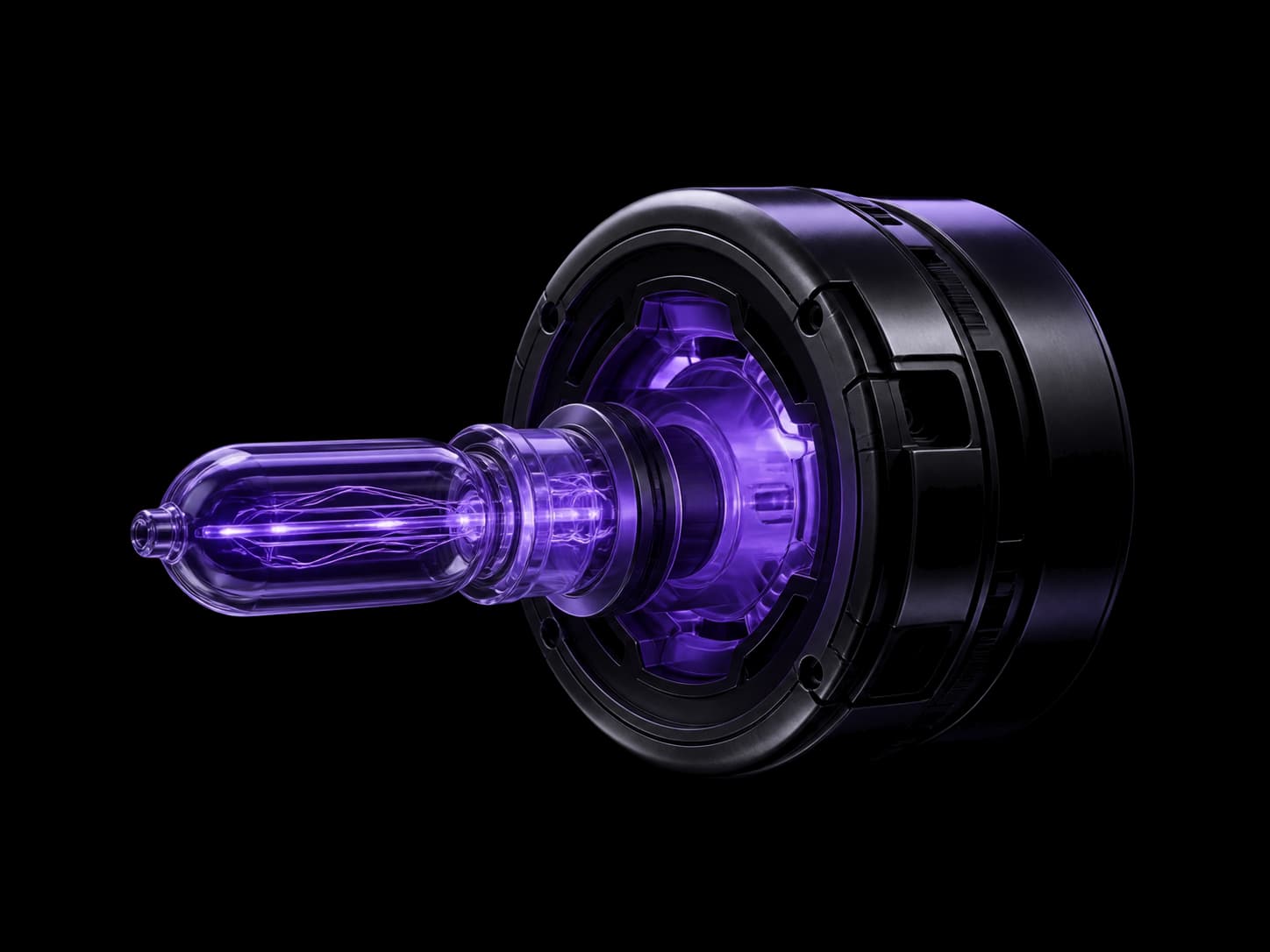 A glass capsule probe with a glowing filament inside, docked horizontally into the open port of a large dark machined housing whose interior glows violet.