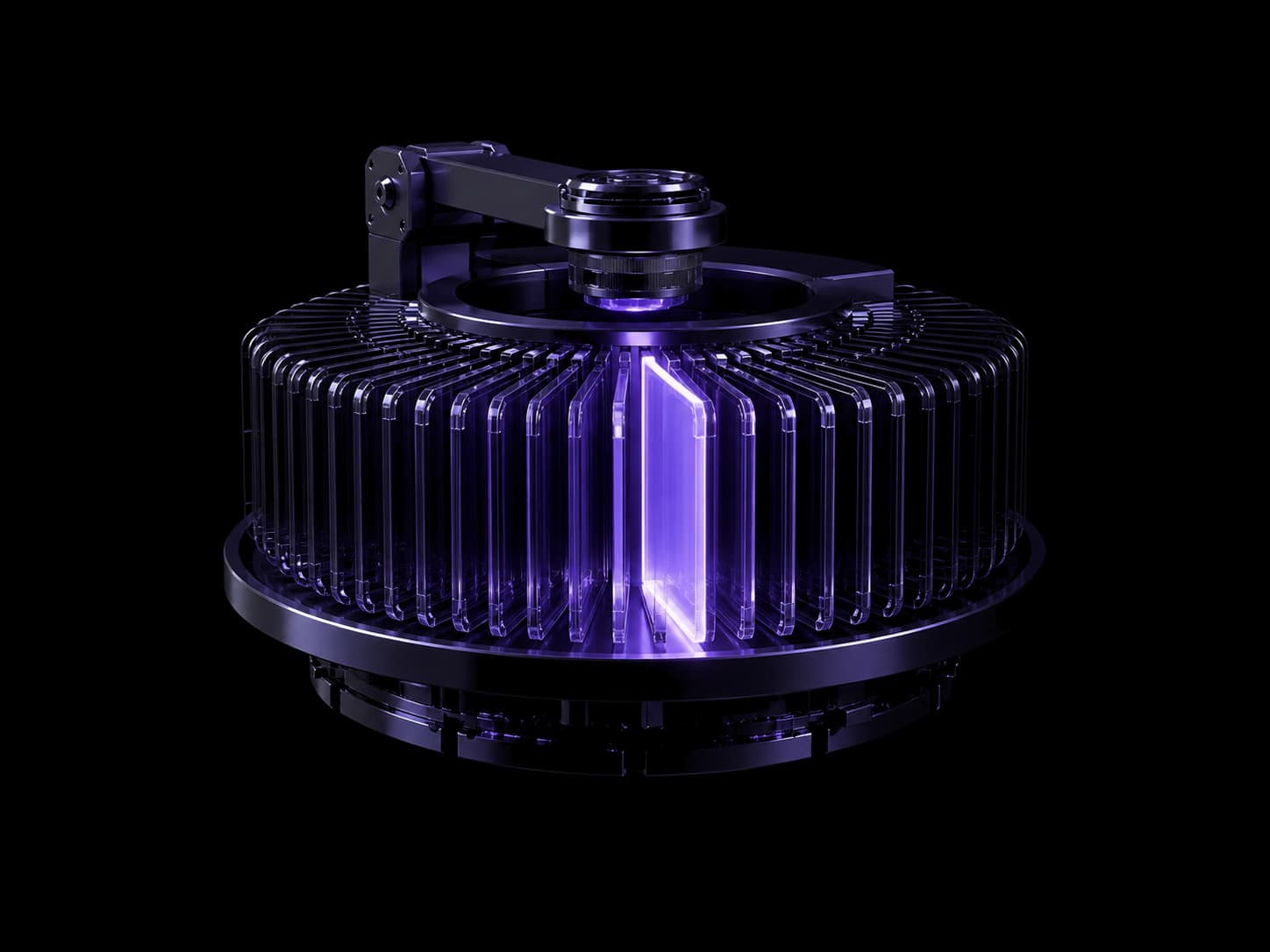 A dense circular drum of thin upright glass cards seen at a slight angle, with a reader arm crossing above it. One card at the centre is lit bright violet; the rest are dark.