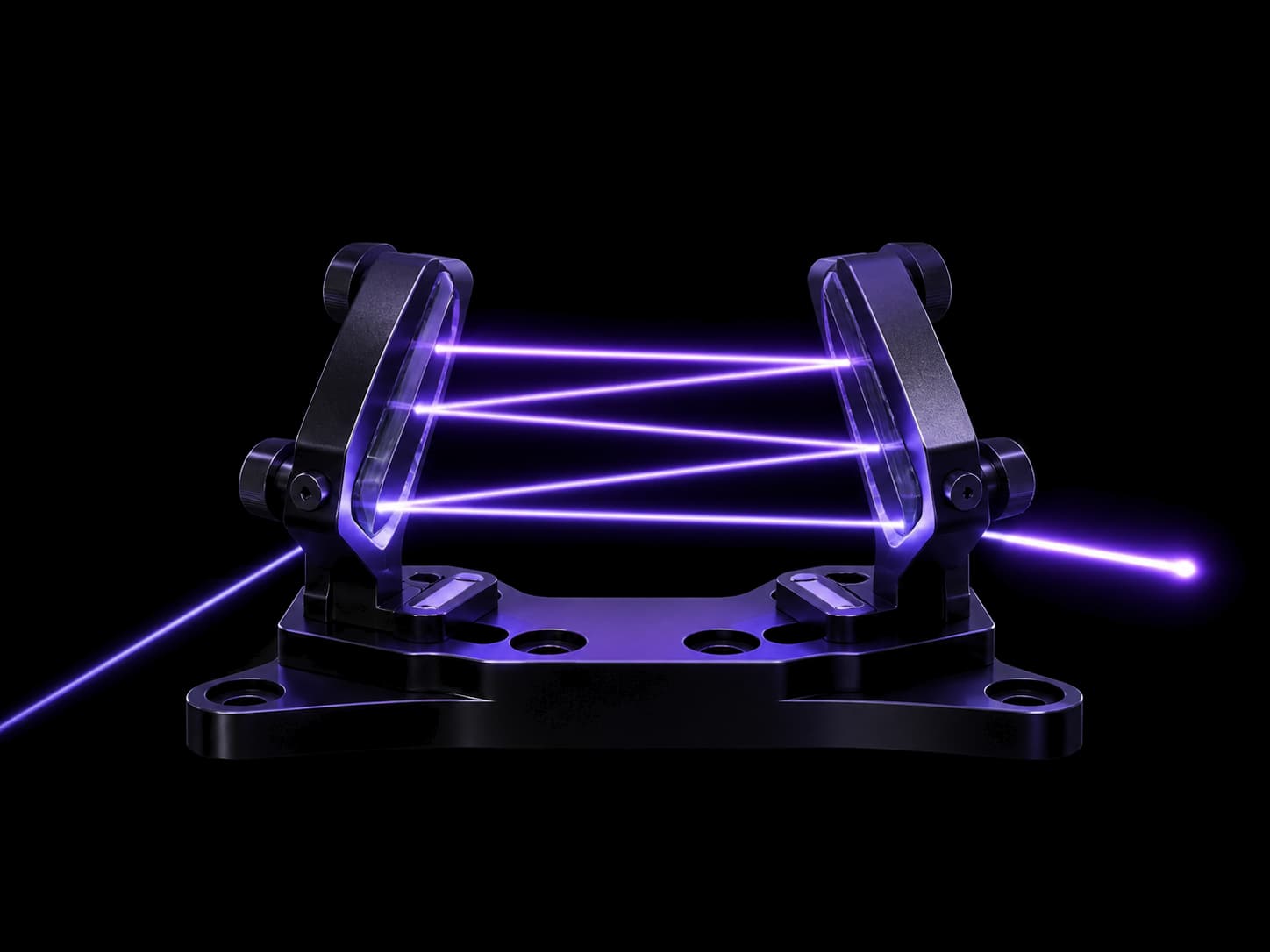 Two dark mirrors angled toward each other on a machined base. One violet beam enters from the lower left, crosses between them several times as a set of straight lines, and leaves to the right.