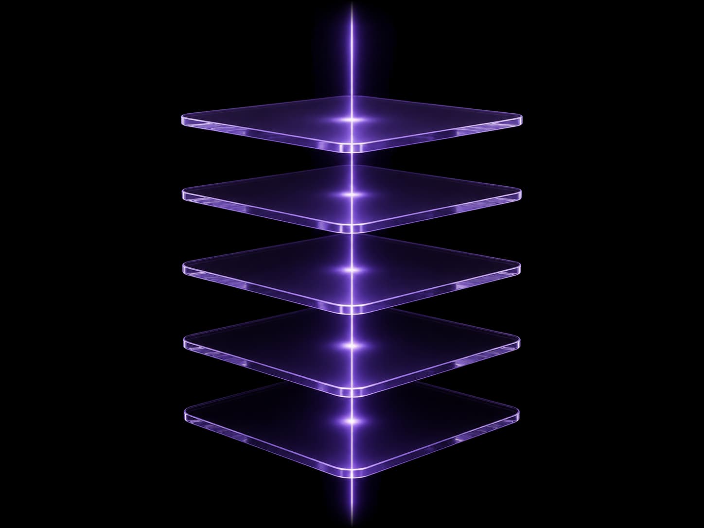 Five thin translucent violet glass plates stacked with even spacing, a single bright thread of light passing vertically through the center of all five, glowing where it meets each plate.