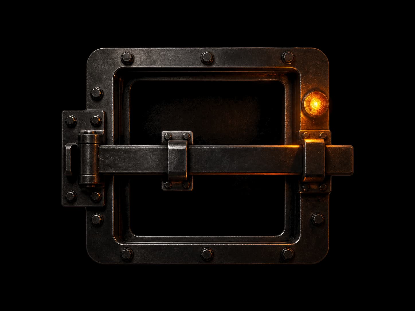 A heavy weathered metal latch closed across a dark rectangular opening, seen straight on. One amber indicator lamp glows beside it and rims the metal in warm amber. Nothing in this image is violet.