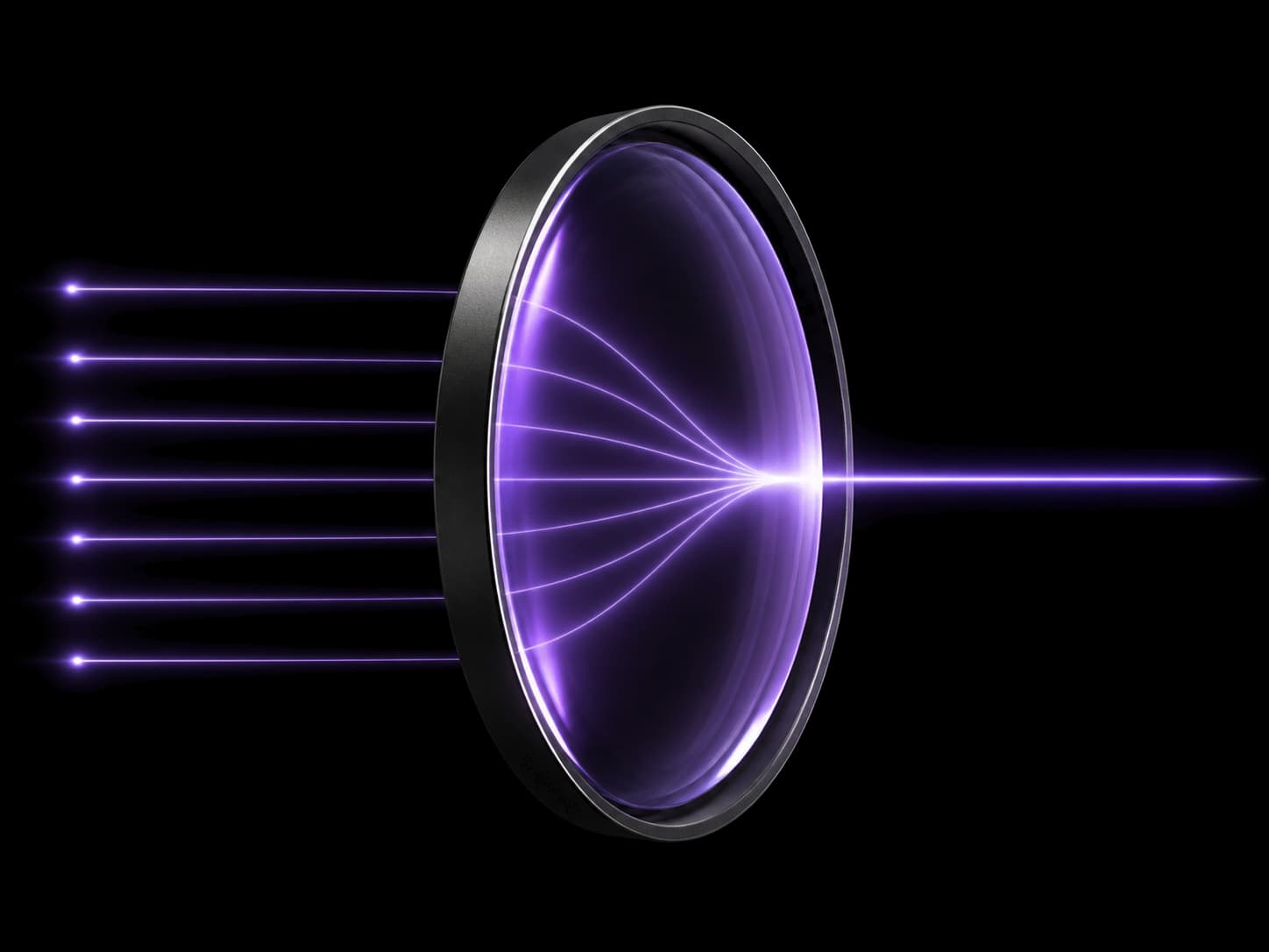 A convex lens in a dark machined ring, seen from the side. Seven thin violet rays enter from the left, bend inside the glass, and converge into one bright beam that exits to the right.