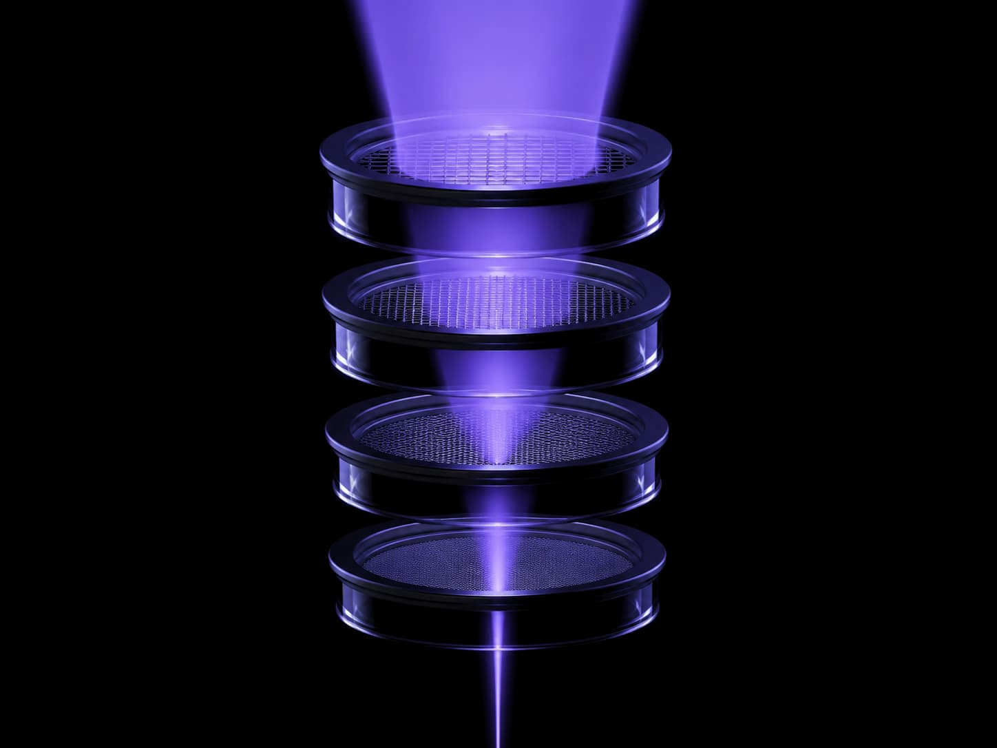 Four round sieves stacked with gaps between them, each mesh finer than the one above. A broad violet cone of light enters the top sieve and leaves the bottom one as a single narrow beam.