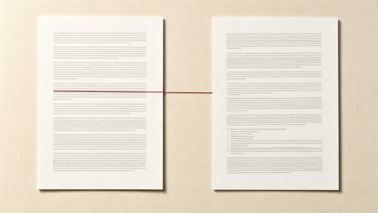 Two printed sheets on a desk, photographed from above. One line on the left sheet is underlined in red, and a red thread runs from that underline across the desk to the source sheet beside it.